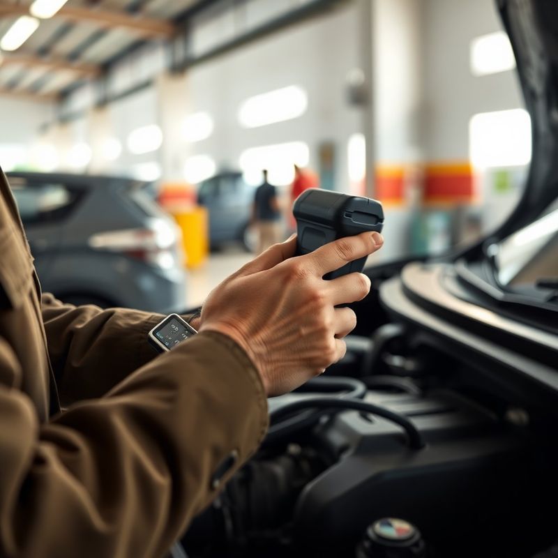 Close das mãos de um mecânico usando scanner OBD-II no compartimento do motor de um carro