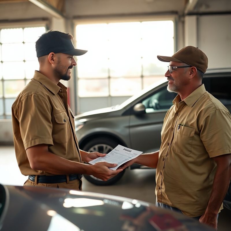 Mecânico entregando uma nota fiscal impressa ao proprietário de um carro na oficina SILVER